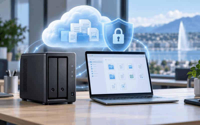 NAS et ordinateur portable illustrant une sauvegarde locale et cloud pour une entreprise à Genève.